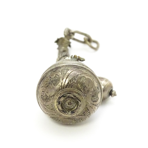 386 - A late 18th /  early 19thC white metal pomander pendant of shaped form with acorn formed drop, unscr... 