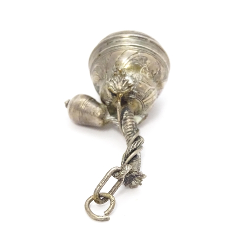 386 - A late 18th /  early 19thC white metal pomander pendant of shaped form with acorn formed drop, unscr... 