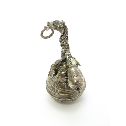 386 - A late 18th /  early 19thC white metal pomander pendant of shaped form with acorn formed drop, unscr... 