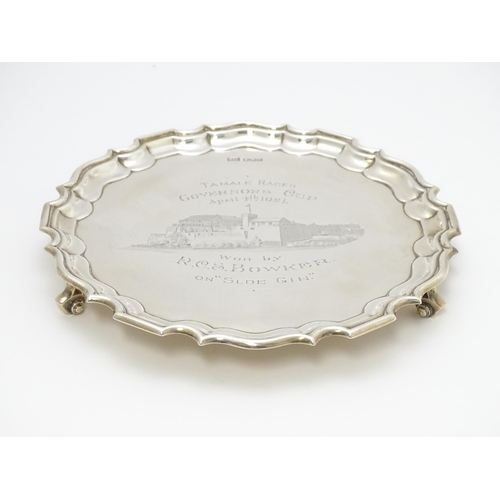 447 - A silver card tray / salver with engraved decoration Tamale Races Governors Cup... hallmarked Sheffi... 