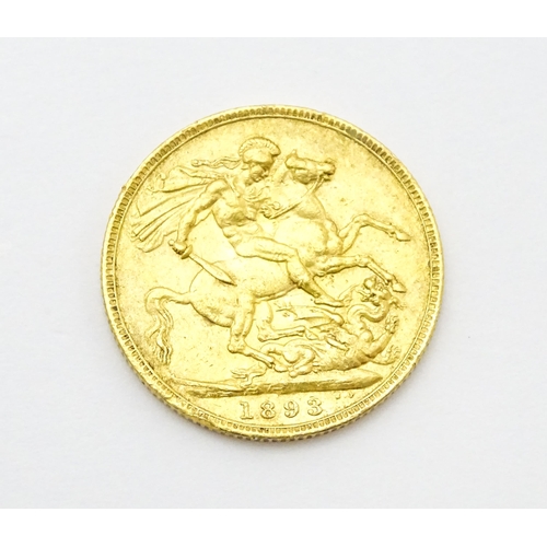 964 - Coin: A Victorian 1893 gold sovereign coin. Approx. 8g