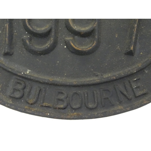 1085 - British Waterways Board Interest: A 20thC cast iron plaque of oval form titled 'Built BWB 1997 Bulbo... 