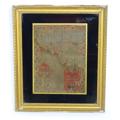 1255 - An early 19thC sampler embroidered with a houses, figures, flowers, and hearts, by Ruth Whinyates, 1... 