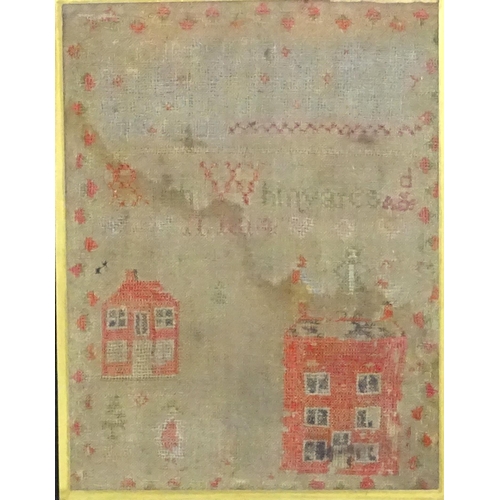 1255 - An early 19thC sampler embroidered with a houses, figures, flowers, and hearts, by Ruth Whinyates, 1... 