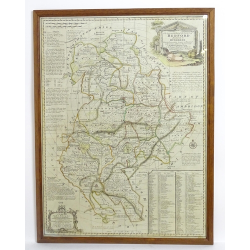 2123 - Map: An 18thC engraved map of Bedfordshire titled An Accurate Map of the County of Bedford Divided i... 