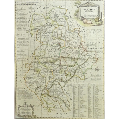 2123 - Map: An 18thC engraved map of Bedfordshire titled An Accurate Map of the County of Bedford Divided i... 