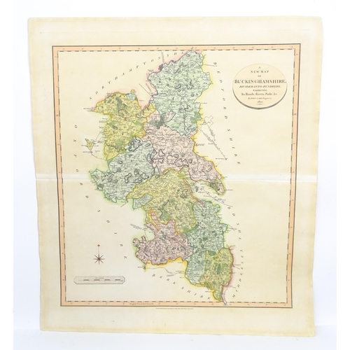 2124 - Map: A 19thC engraved and hand coloured map of Buckingham titled A New Map of Buckinghamshire Divide... 