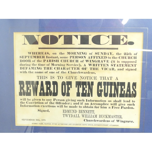 2129 - Local Buckinghamshire interest: Two 19thC reward notices, one relating to a person affixing a writte... 