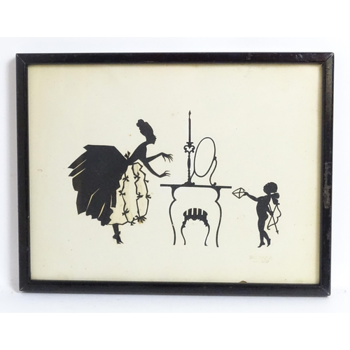 2132 - An early 20thC silhouette depicting a lady at a dressing table with a Cupid figure delivering a lett... 