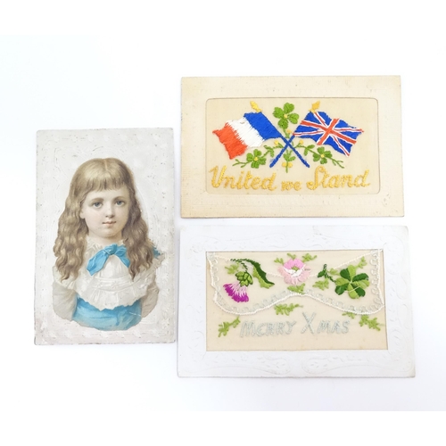 2162 - Three early 20thC silks / sweetheart cards, to include an embroidered Christmas card design titled M... 