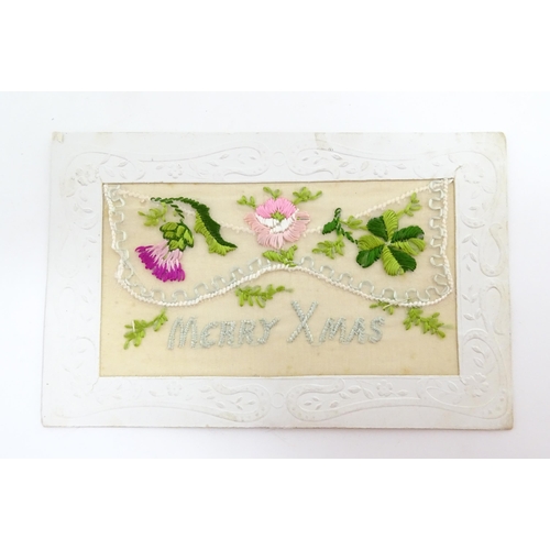 2162 - Three early 20thC silks / sweetheart cards, to include an embroidered Christmas card design titled M... 