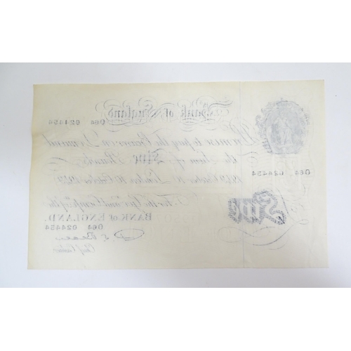 2160 - A 20thC Bank of England white five pound note dated 10th October 1949, signed by P. S. Beale and num... 