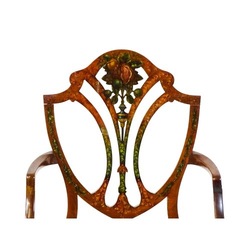 1538 - A late 19thC satinwood arm chair with a profusely decorated painted frame showing fruit, ivy and neo... 