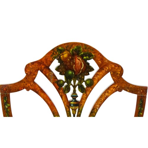 1538 - A late 19thC satinwood arm chair with a profusely decorated painted frame showing fruit, ivy and neo... 