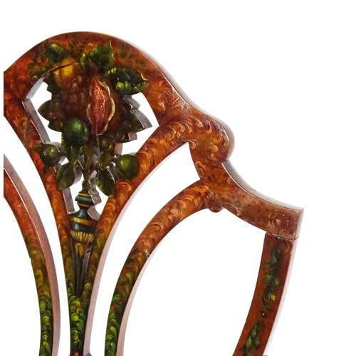 1538 - A late 19thC satinwood arm chair with a profusely decorated painted frame showing fruit, ivy and neo... 