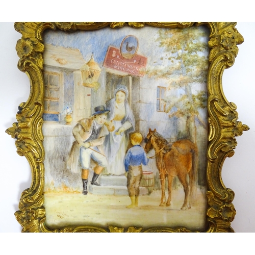 1159 - A 19thC miniature watercolour depicting figures and a young boy with a horse outside a pub / inn. Si... 