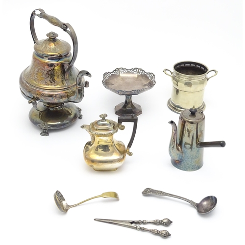 681 - A quantity of assorted silver plated wares to include ladles, bottle stand, teapot, argyle,  spirit ... 