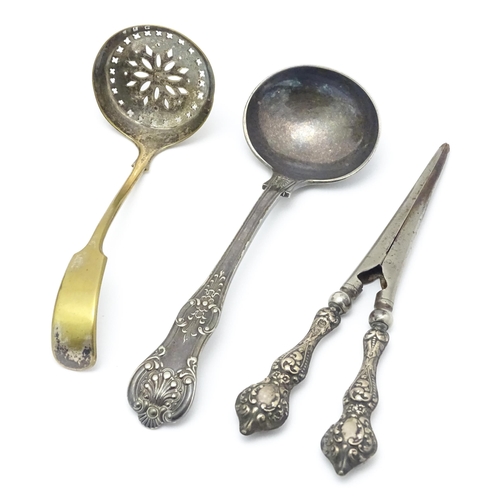 681 - A quantity of assorted silver plated wares to include ladles, bottle stand, teapot, argyle,  spirit ... 