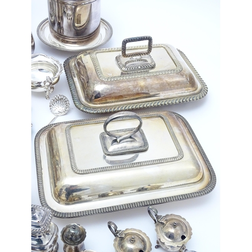 682 - A quantity of assorted silver plated wares to include sauce boats, serving dishes, cruets, teapot, s... 