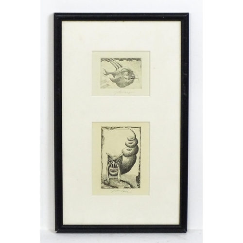 2010 - Jan Volf (b. 1955), Czech School, Etchings, Untitled, Two mythical creatures mounted together. Both ... 