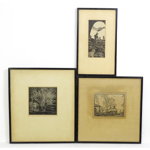 2011 - 20th century, Woodcut prints, Three assorted to include a village scene with thatched cottage and fi... 