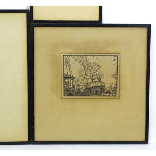 2011 - 20th century, Woodcut prints, Three assorted to include a village scene with thatched cottage and fi... 