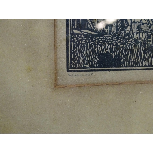 2011 - 20th century, Woodcut prints, Three assorted to include a village scene with thatched cottage and fi... 