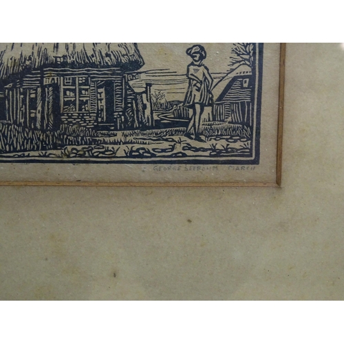 2011 - 20th century, Woodcut prints, Three assorted to include a village scene with thatched cottage and fi... 