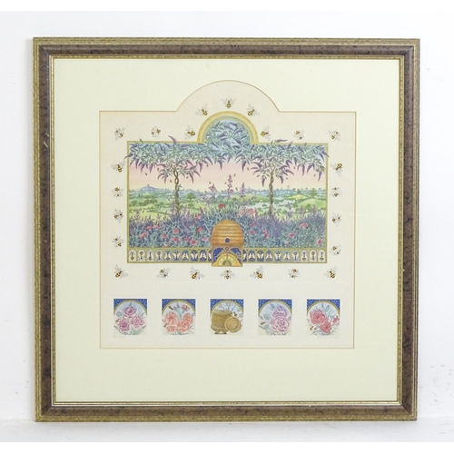 2020 - After Fiona Owen, Late 20th century, Limited edition print, A study of a beehive in a floral landsca... 