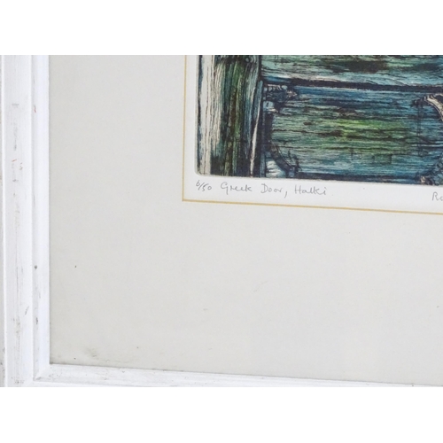 2028 - Rosemary Pettet, 20th century, Limited edition colour etching, Greek Door, Halki. Signed, titled and... 