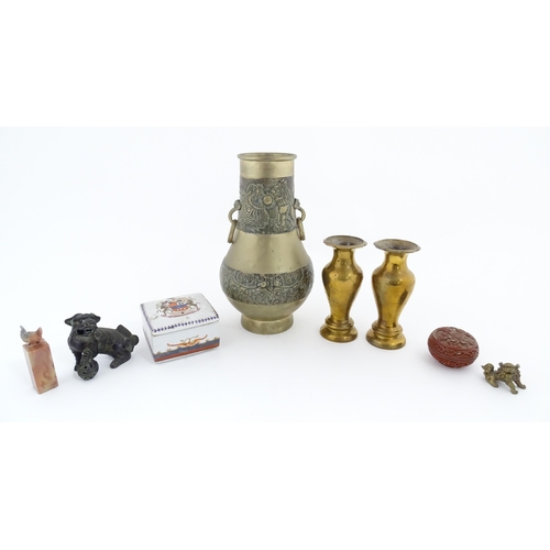 1089 - A quantity of assorted Oriental items to include a pair of cast brass vases of tapering form with lo... 