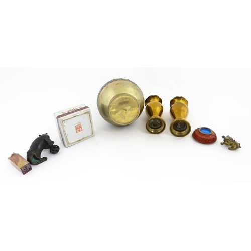 1089 - A quantity of assorted Oriental items to include a pair of cast brass vases of tapering form with lo... 