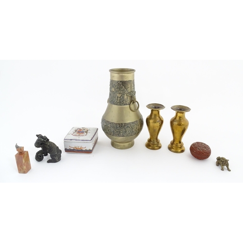 1089 - A quantity of assorted Oriental items to include a pair of cast brass vases of tapering form with lo... 