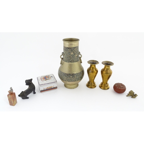 1089 - A quantity of assorted Oriental items to include a pair of cast brass vases of tapering form with lo... 