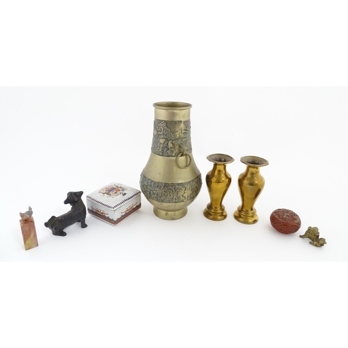 1089 - A quantity of assorted Oriental items to include a pair of cast brass vases of tapering form with lo... 