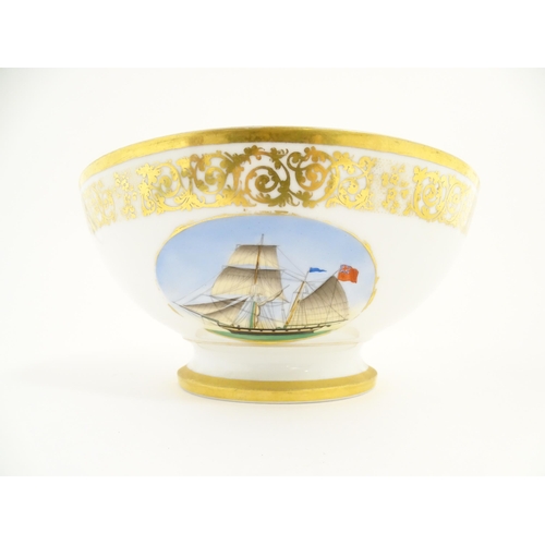 115A - An English pedestal bowl with hand painted sailing ship vignette and gilt scrolling foliate border. ... 