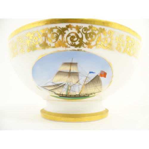 115A - An English pedestal bowl with hand painted sailing ship vignette and gilt scrolling foliate border. ... 