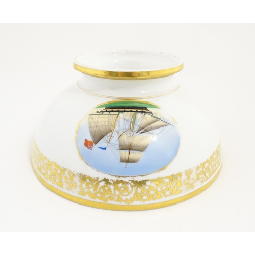 115A - An English pedestal bowl with hand painted sailing ship vignette and gilt scrolling foliate border. ... 