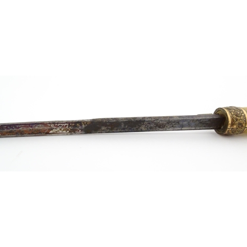 1246 - A late 19th / early 20thC Spanish Toledo sword stick with horn handle, silver plate mount and push b... 