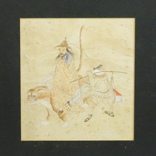 2036 - Oriental School, Watercolour, A figure riding a stylised tiger with an attendant carrying scrolls. T... 