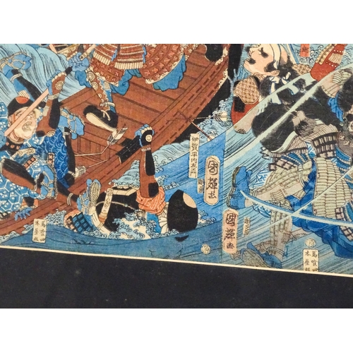 2038 - Japanese School, Woodblock print, A triptych, A sea battle with warriors. Approx. 10