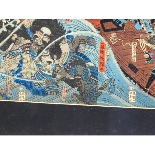 2038 - Japanese School, Woodblock print, A triptych, A sea battle with warriors. Approx. 10