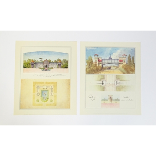 2045 - 20th century, French School, Colour prints, Two architectural studies / plans to include Pont sur un... 