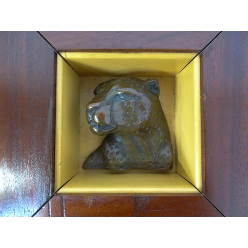 1287 - A 20thC mahogany box with inset limited edition bronze model of a leopard to top by South African sc... 