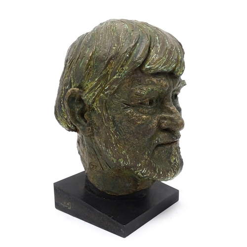 1283 - A 20thC cast portrait bust / sculpture depicting the artist Paul Millichip. Cast monogram TP to neck... 