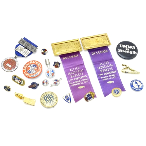 989 - Trade Union Interest: a quantity of assorted badges, pins, etc. to include Delegate ribbons for the ... 