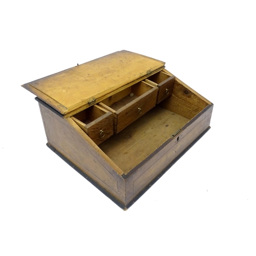 1280A - A Victorian oak writing slope / correspondence box opening to reveal three drawers within. Approx. 6... 