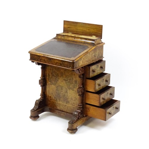 1675 - A mid / late 19thC burr walnut Davenport surmounted by a fitted writing box above a leather slope, t... 