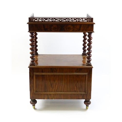 1677 - A late 19th century walnut whatnot / side cabinet surmounted by a pierced floral decorated upstand, ... 