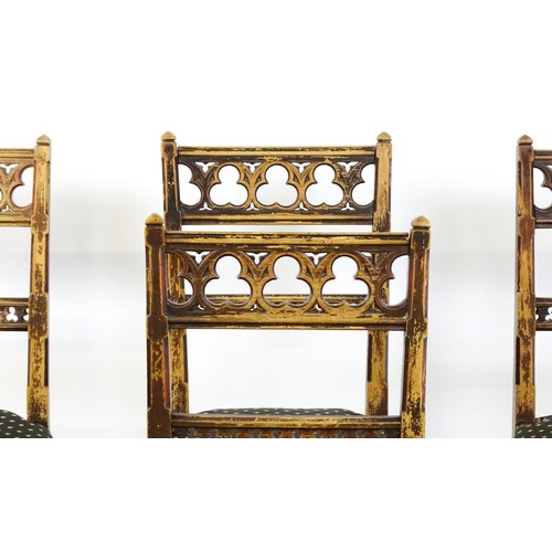 1564A - Four 19thC Gothic side chairs, the top rails having large pierced trefoil decoration and the mid rai... 